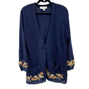 Vintage JH Collectibles Navy Tan Floral Knit Cardigan Medium